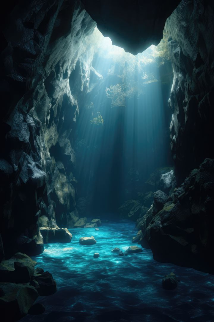 Sunlight Shining into Mystical Underground Cave with Blue Water - Free Images, Stock Photos and Pictures on Pikwizard.com