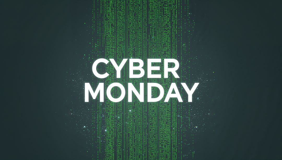 Cyber Monday Banner Featuring Green Matrix Code, Neon Glow and Minimalist Typography