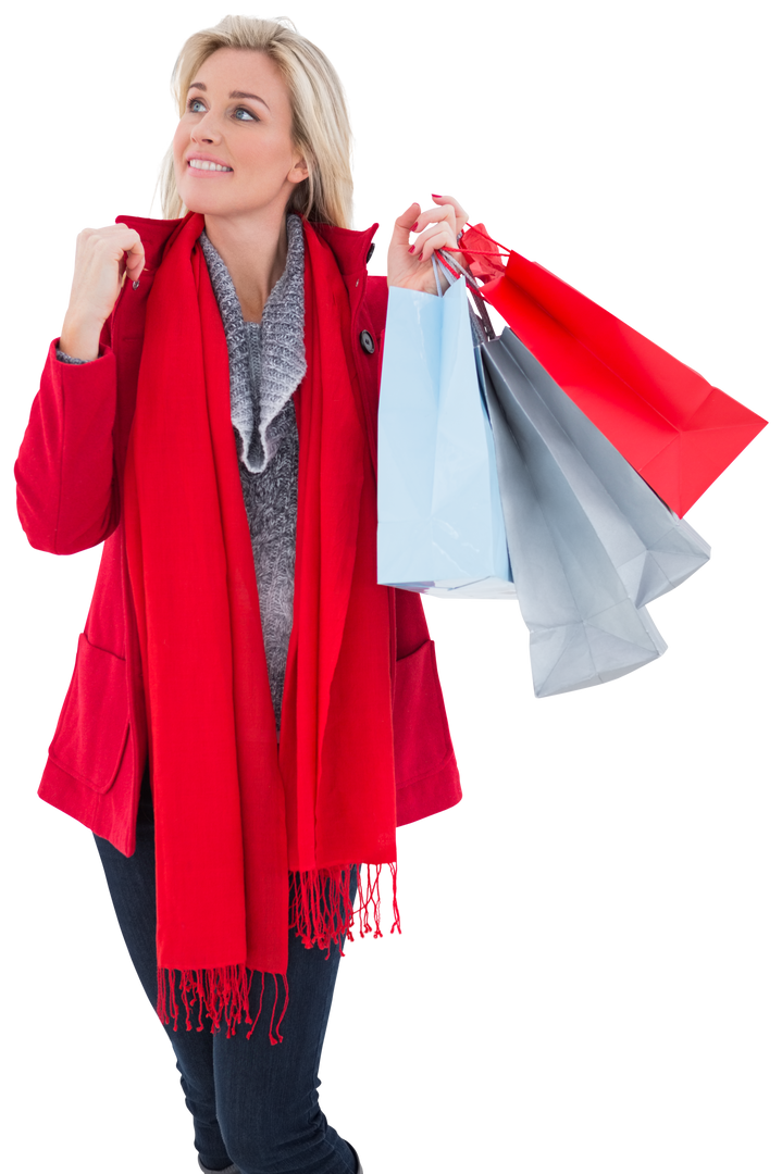 Blonde in Winter Clothes with Transparent Shopping Bags on a White Background - Download Free Stock Images Pikwizard.com