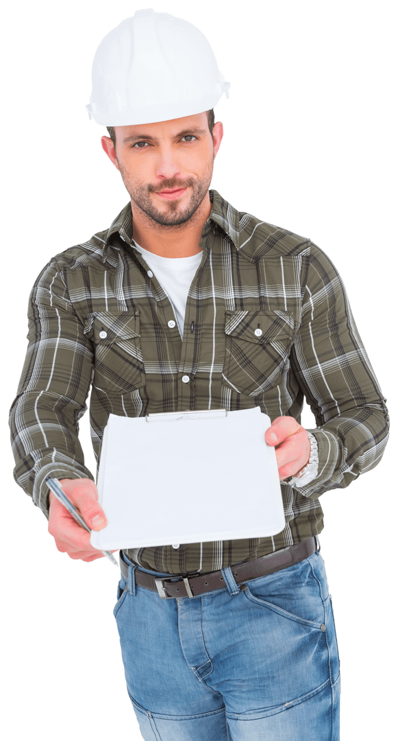 Transparent Smiling Worker Offering Clipboard Signature