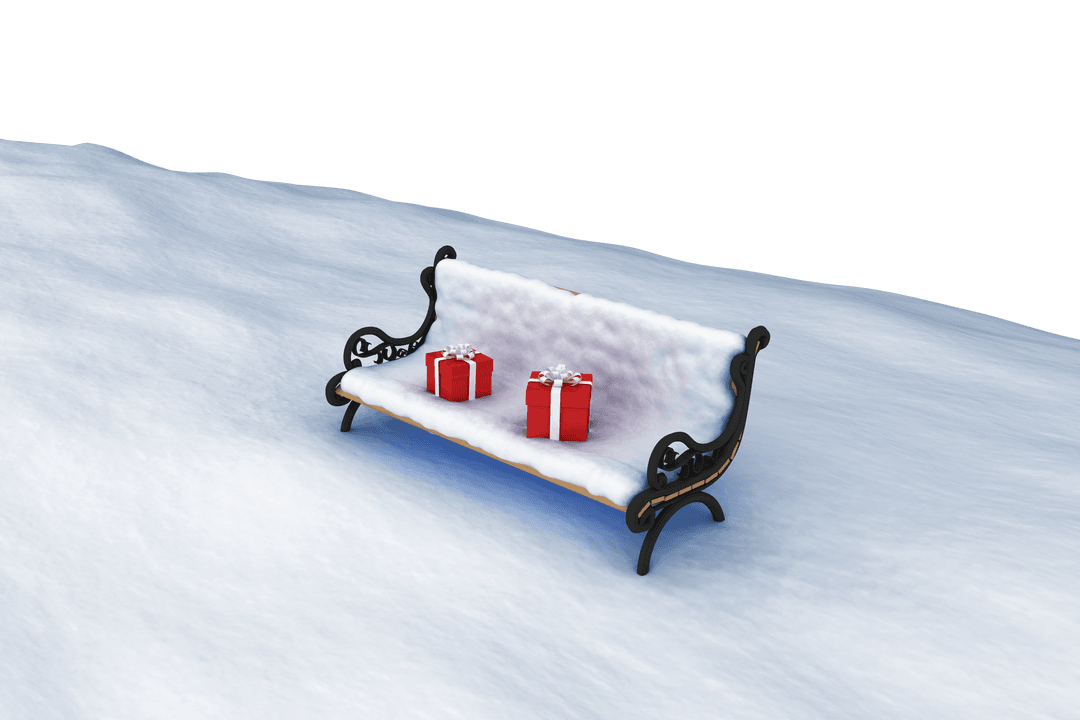Gifts on Snow-Covered Bench with Transparent Background