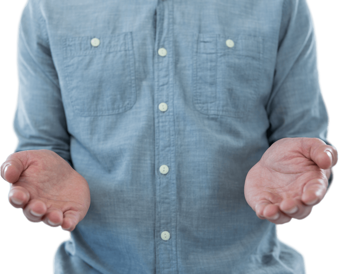 Man holding transparent imaginary object middle section