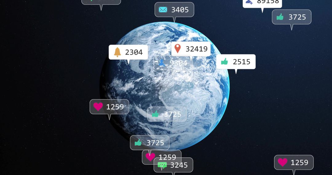 Planet Earth Surrounded by Social Media Symbols and Counters