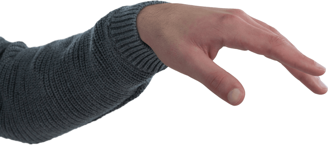 Hand in Reaching Gesture with Grey Sweater on Transparent Background