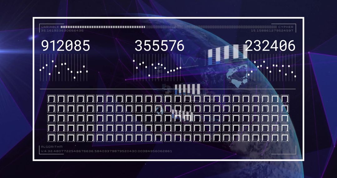 Digital Data Processing Display Over Earth in Night Sky
