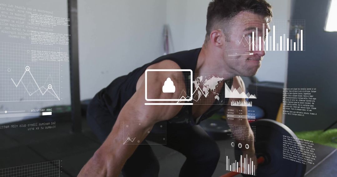 Athlete Lifting Weights with Digital Data Interface Overlay