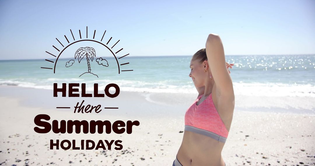 Sunny Beach Welcome to Summer Holidays with Relaxing Woman