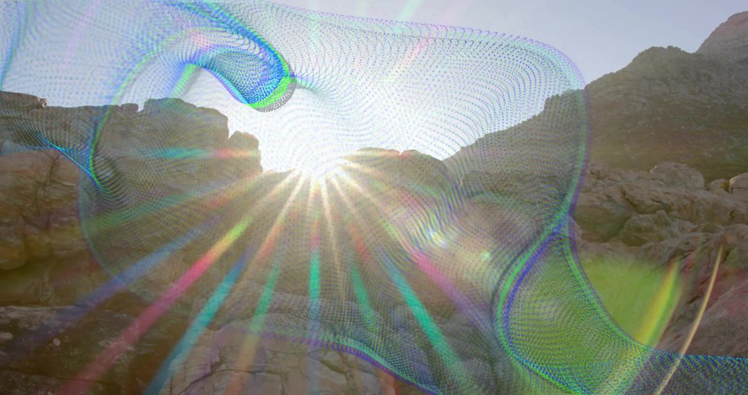 Sunlit Rock Formations with Abstract Digital Mesh Overlay
