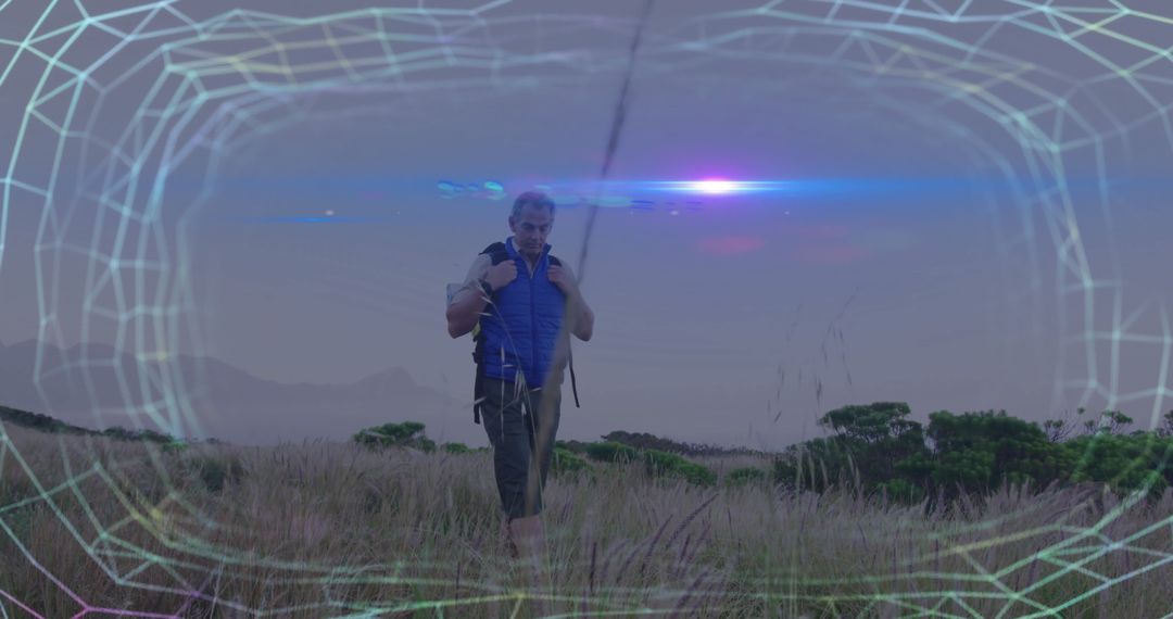 Adventure Hiker with Futuristic Wireframe Effect