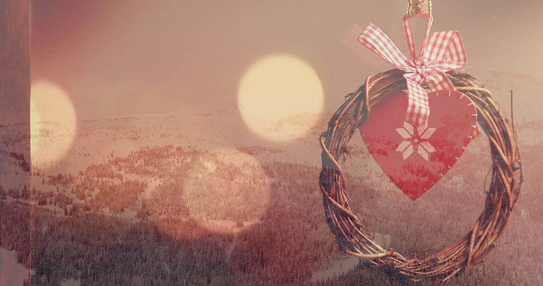 Rustic Christmas Heart Ornament with Winter Landscape in Background