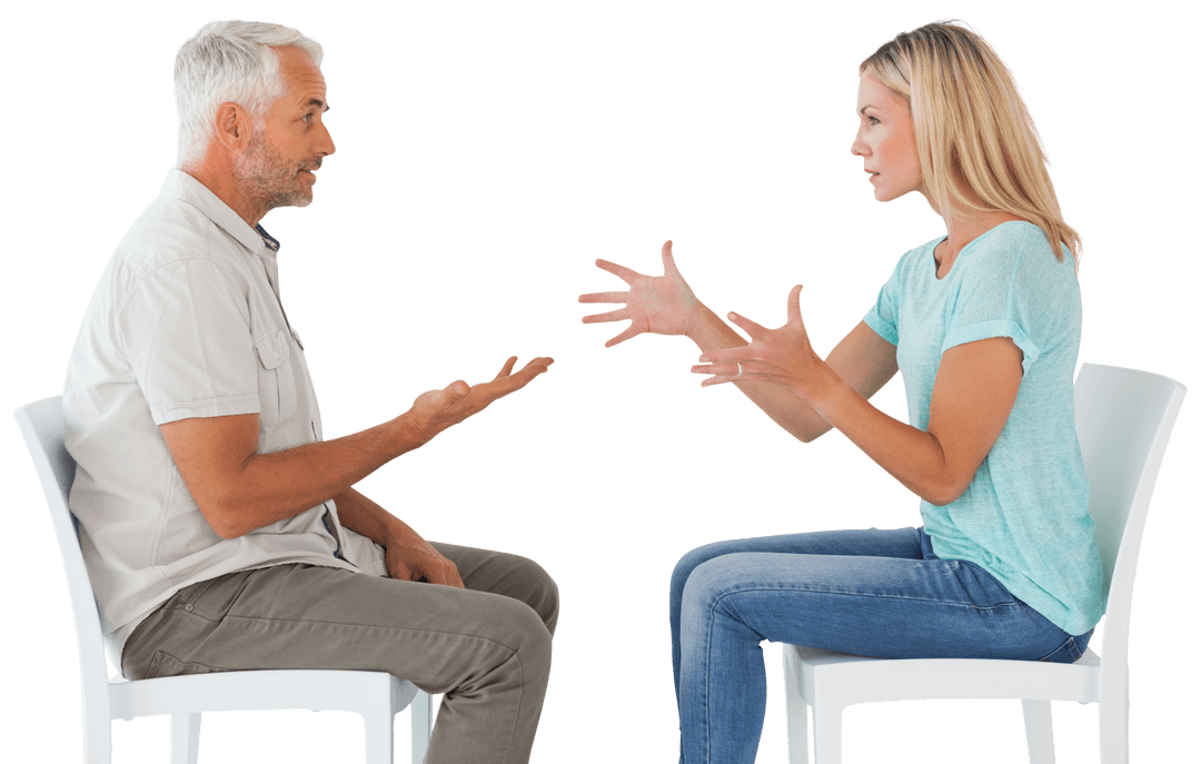 Transparent Mature Couple Arguing Sitting on Chairs
