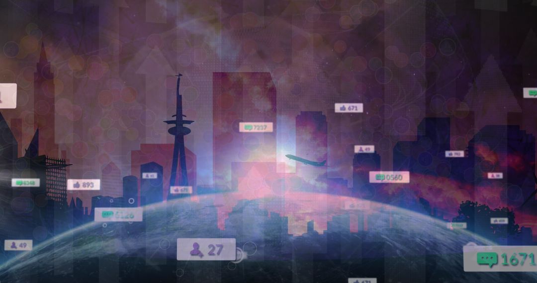 Cityscape with Social Media Icons and Global Digital Connectivity