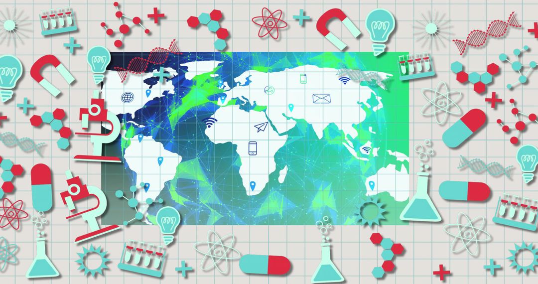 Global Connectivity and Innovation with World Map and Science Icons