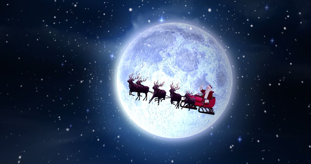 Santa Claus Flying Over Full Moon with Reindeer HR - Free Images, Stock Photos and Pictures on Pikwizard.com