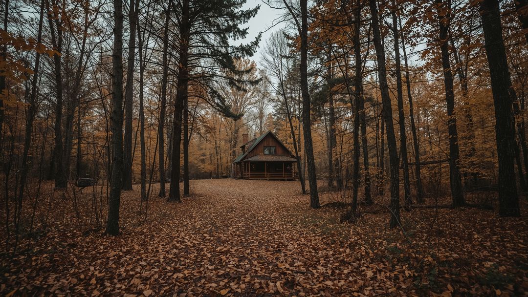 Rustic Cabin in Tranquil Autumnal Forest Clearing