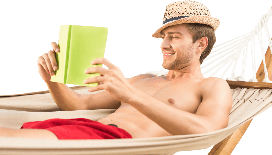 Shirtless Man Relaxing on Hammock with Book, Transparent Background