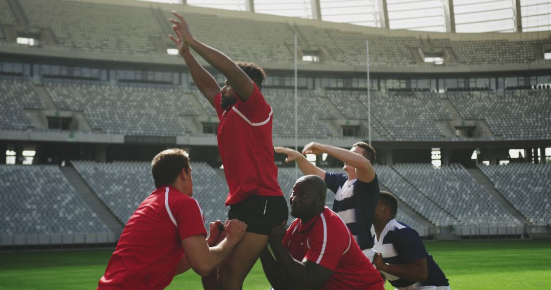 Rugby Players Practicing Lineout in Stadium - Free Images, Stock Photos and Pictures on Pikwizard.com