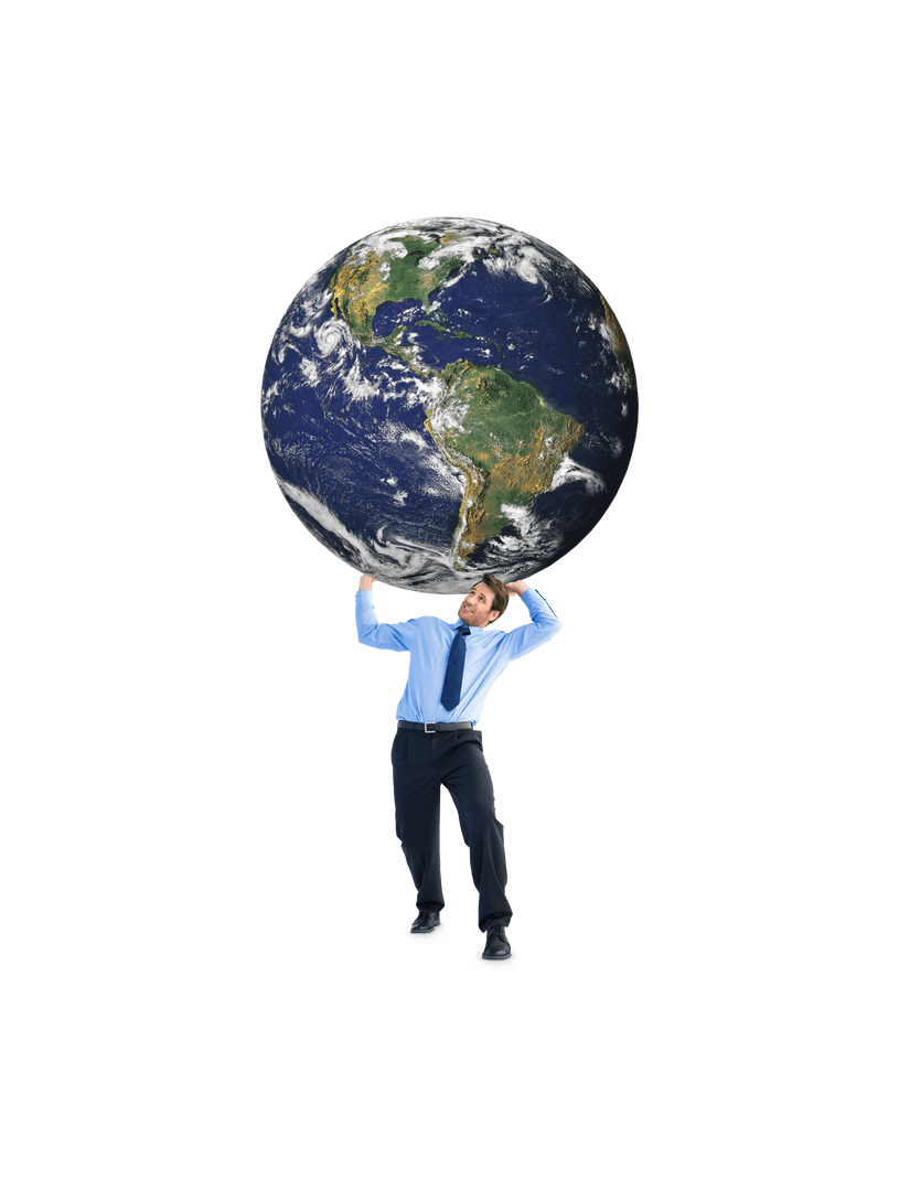 Businessman Carrying Globe on Transparent Background Illustrating Global Responsibility