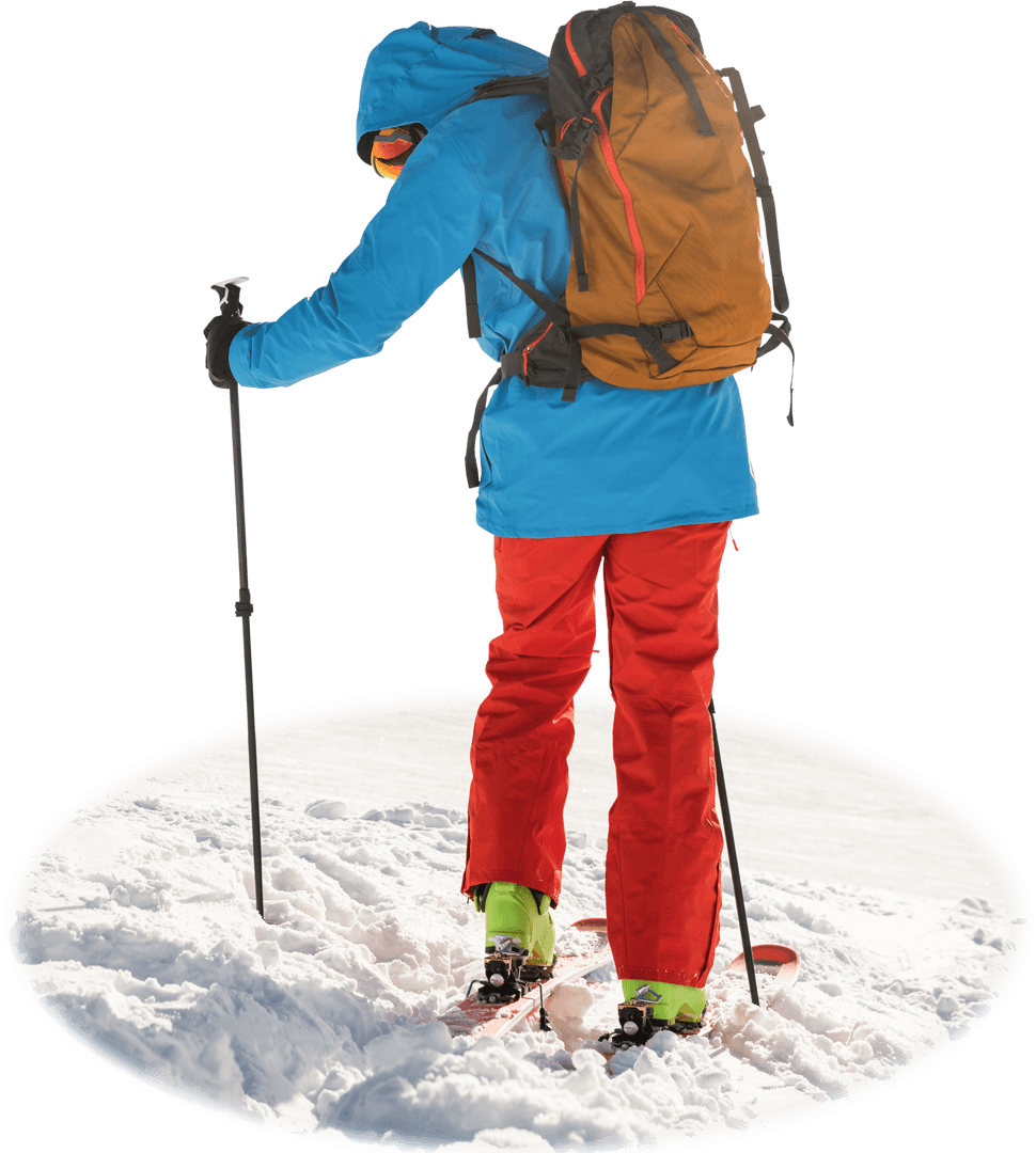 Transparent Ski Enthusiast with Backpack on Snowy Slope