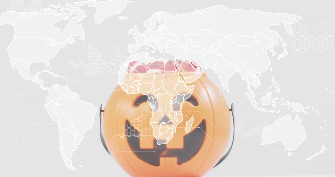 Minimalist Halloween jack-o'-lantern candy bucket with world map overlay pink high-key