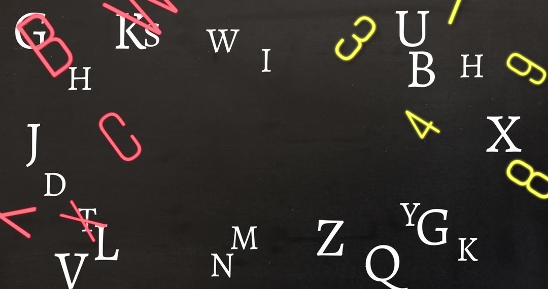 Scattered Letters and Numbers on Blackboard Background