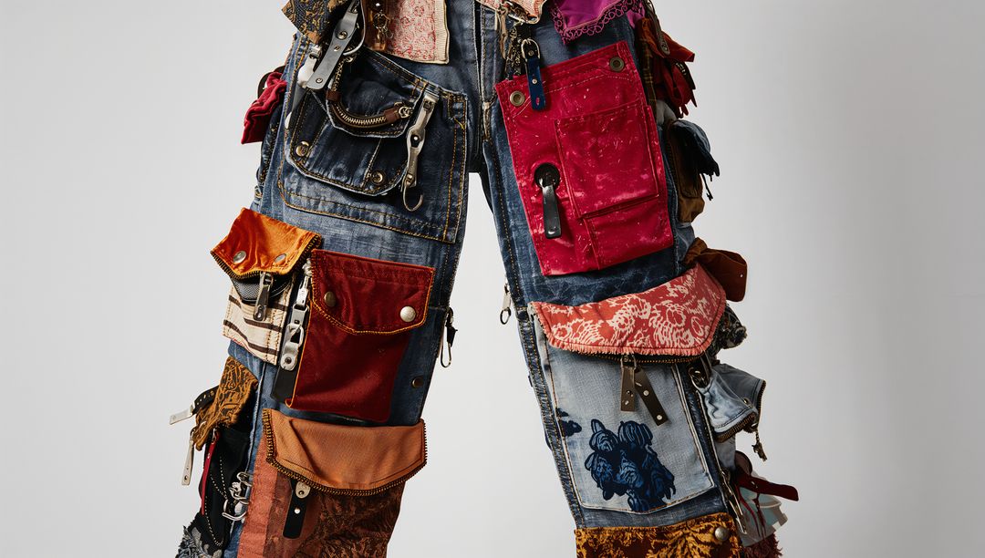Upcycled Patchwork Utility Pants Showcasing Multilayered Pockets, Zippers, Snaps, Buckles