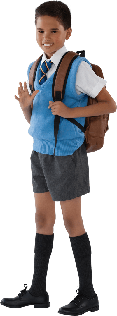 Transparent Smiling Schoolboy in Uniform with Backpack Waving