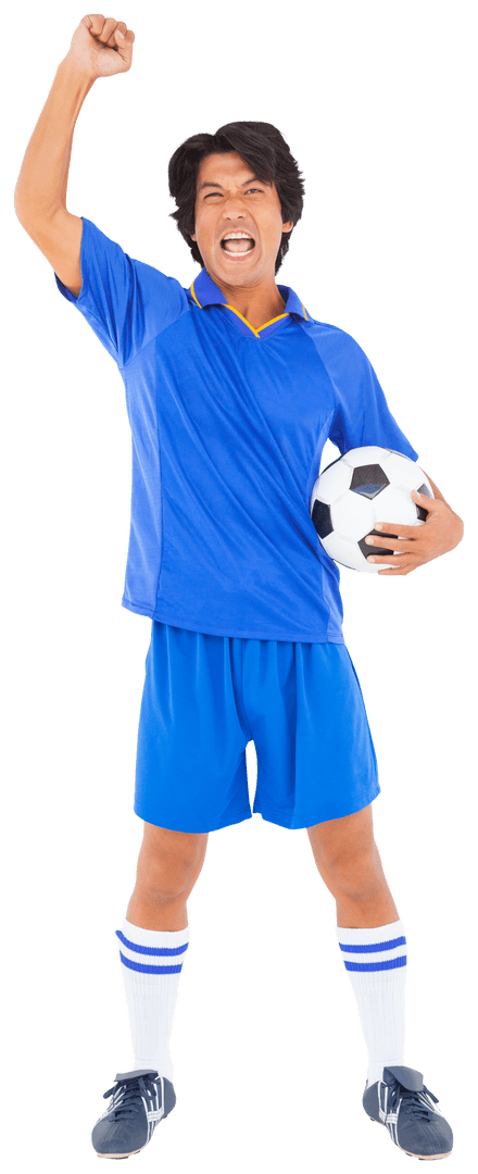 Ecstatic Soccer Player Celebrating Holding Ball Transparent Background