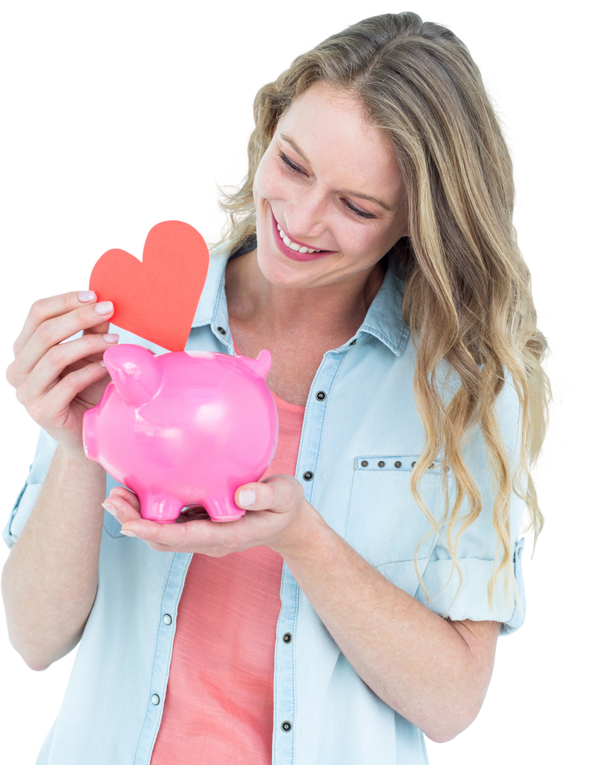 Smiling Woman Holding Pink Piggy Bank and Red Heart on Transparent Background - Download Free Stock Images Pikwizard.com