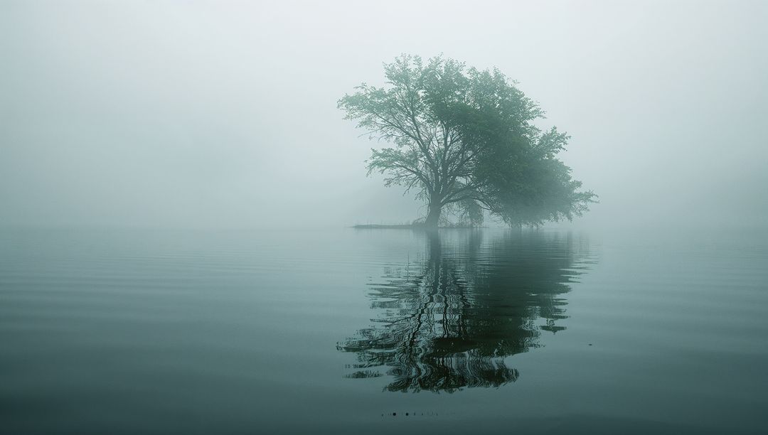 Solitary Tree Reflected in Misty Lake at Dawn