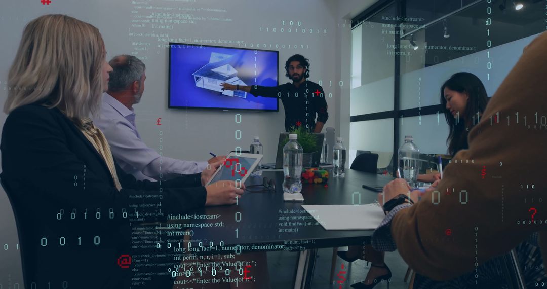 Multiracial Team Analyzing Coded Data in Modern Office Meeting