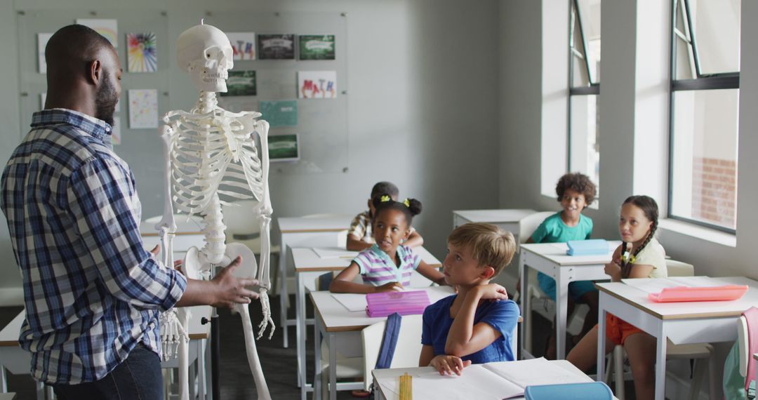 Teacher Explaining Human Skeleton to Diverse Primary School Students in Classroom - Free Images, Stock Photos and Pictures on Pikwizard.com