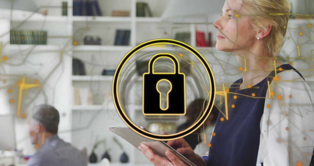 Secure Office Technology with Businesswoman Using Tablet and Padlock Icon