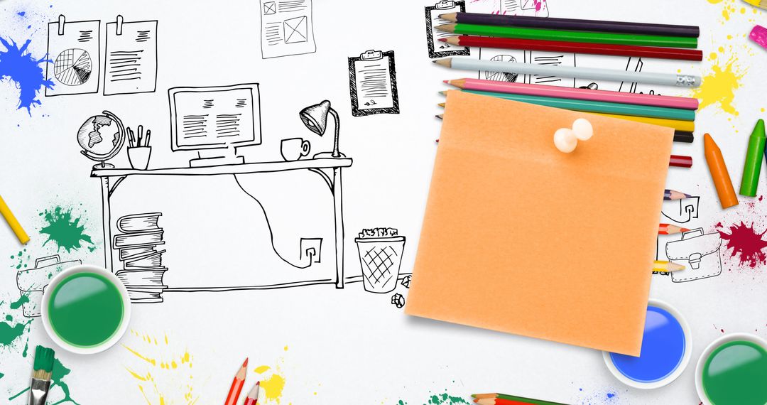 Creative Workspace with Memo Note and Colorful Art Supplies