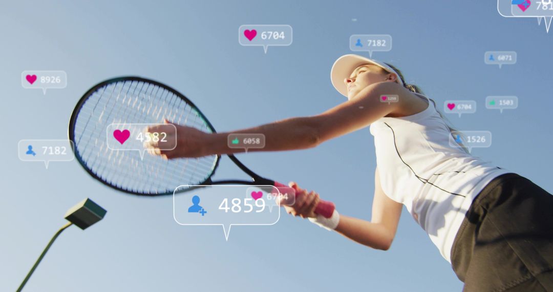 Female Tennis Player Swinging Racket with Floating Social Media Likes and Followers
