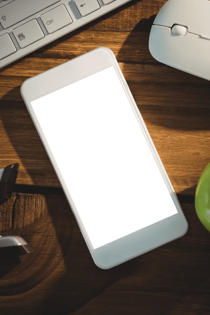 Transparent Smartphone on Wooden Desk with Copy Space