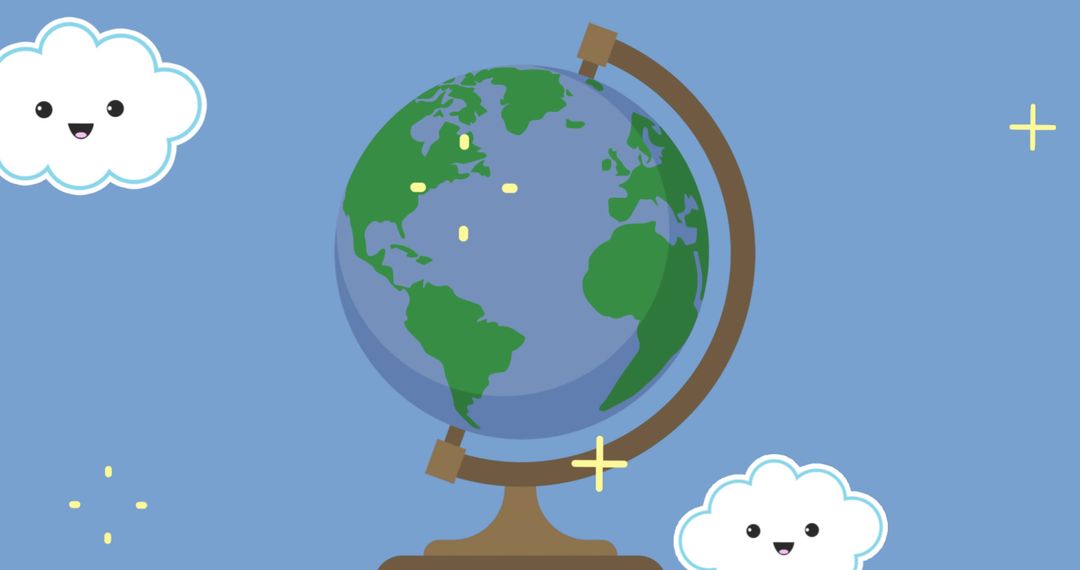 Cute Cartoon Globe with Smiling Clouds on Blue Background