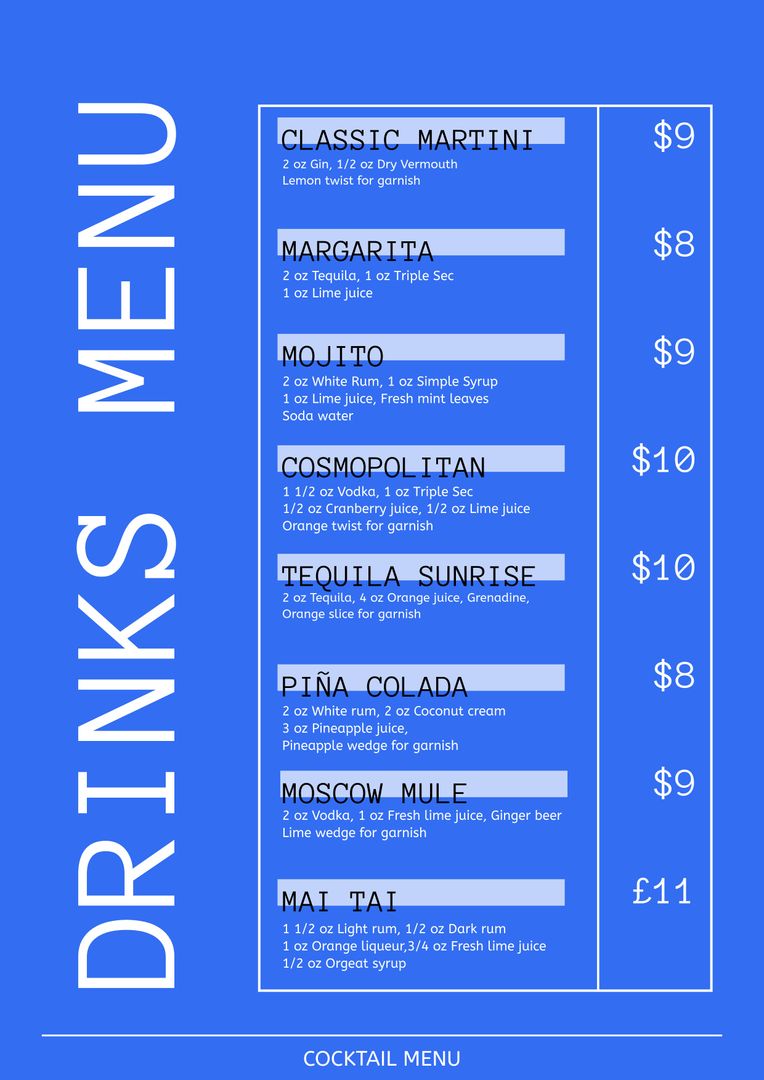 Blue Drinks Menu for Bars and Events with Catchy Design - Download Free Stock Templates Pikwizard.com