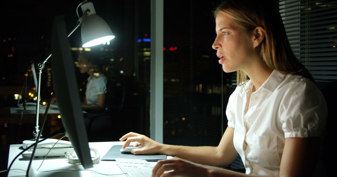 Focused Businesswoman Working Late at Night on Desktop Computer - Free Images, Stock Photos and Pictures on Pikwizard.com