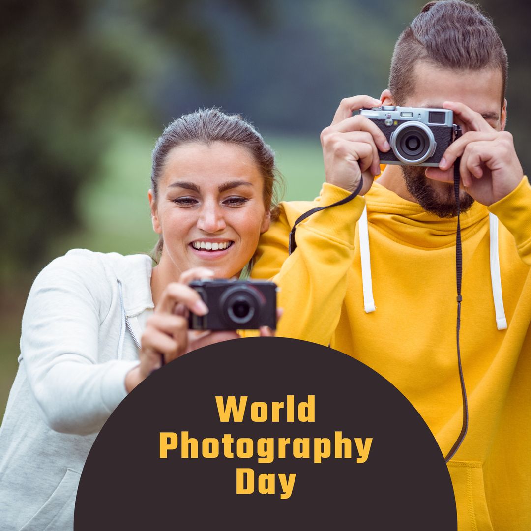 Couple Celebrating World Photography Day with Cameras Outdoor