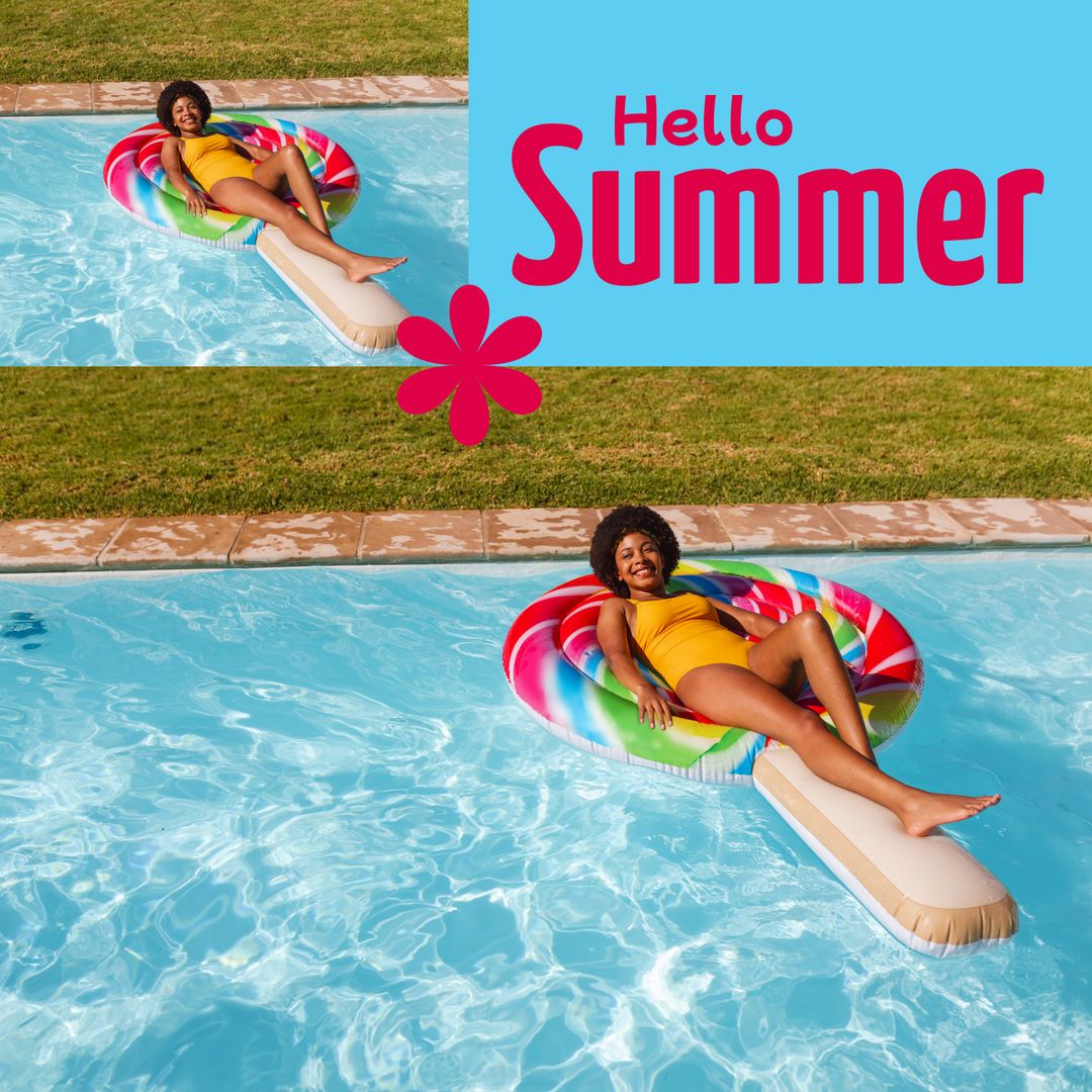 Cheerful Woman Relaxing on Lollipop Inflatable in Pool with Hello Summer Text - Download Free Stock Templates Pikwizard.com