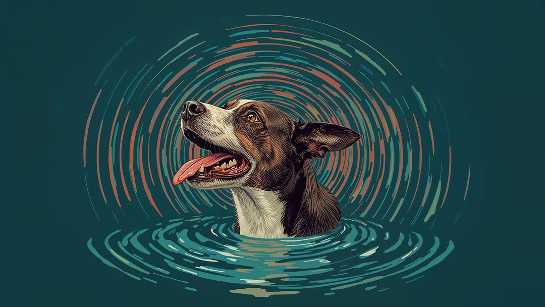 Whimsical barking dog head with ripples and surreal colorful rings