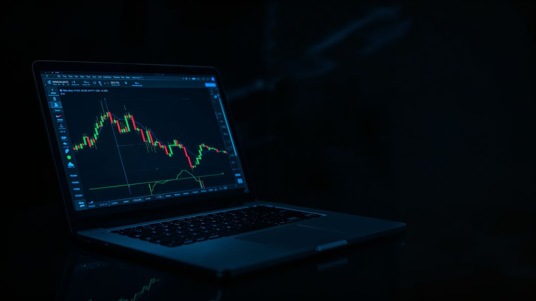 Dimly lit laptop displaying candlestick chart for online trading analysis