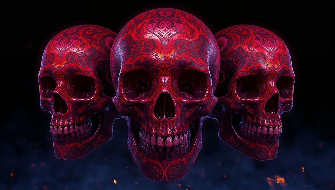 Three Floating Skull Illustrations with Red Patterns