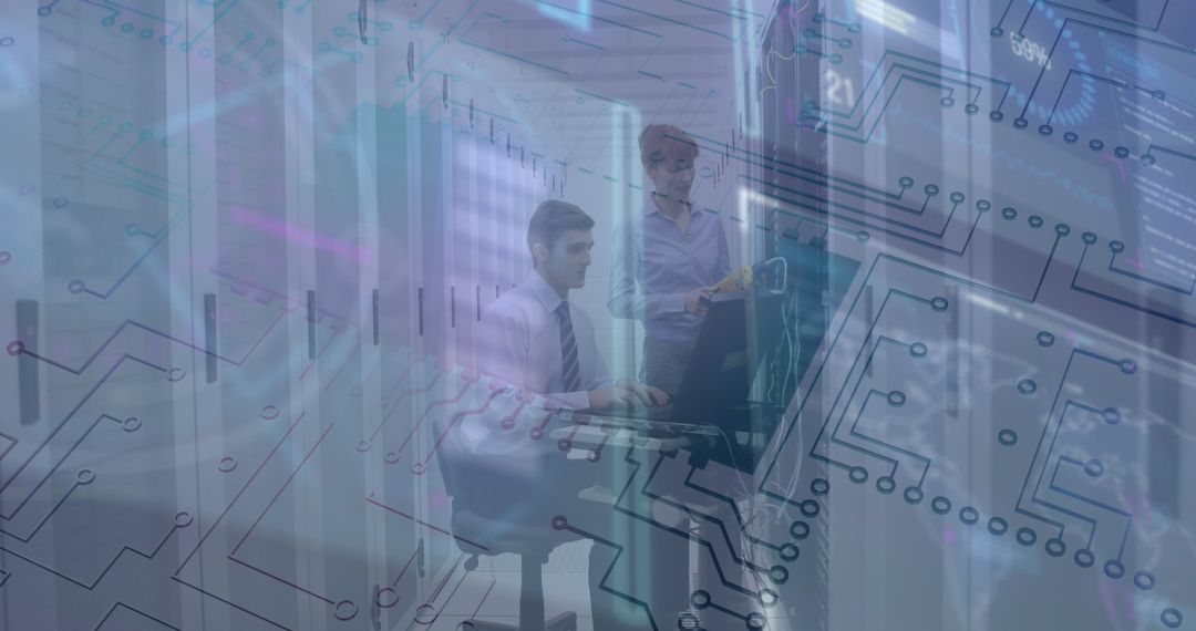 Business Professionals Analyzing Data in High-Tech Server Room