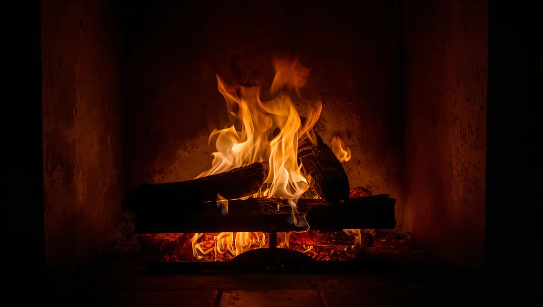 Crackling Masonry Fireplace with Glowing Embers and Dancing Flames on Log Grate