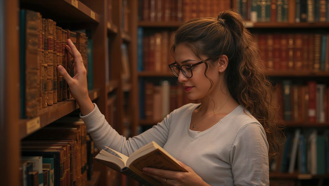 Young Woman Reading in Vintage Library