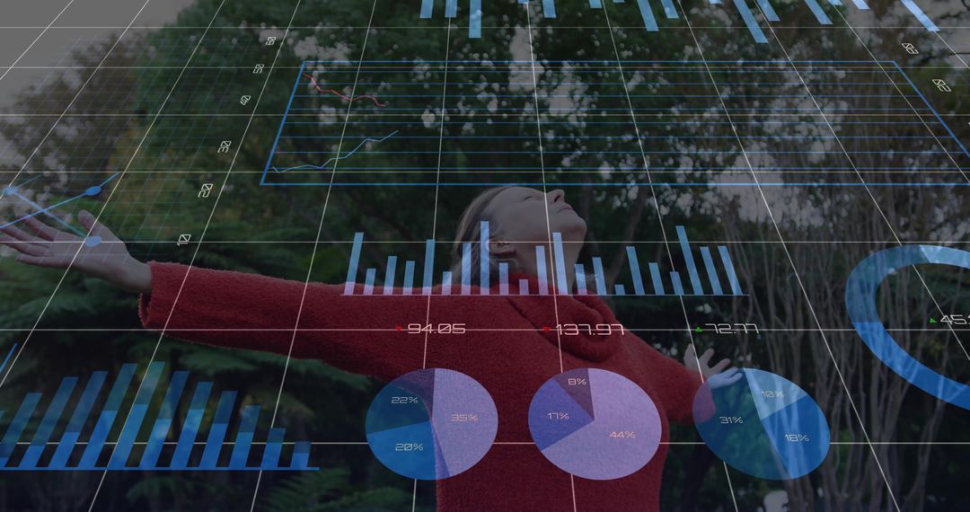 Woman Embracing Data Visualization Outdoors With Joyful Expression