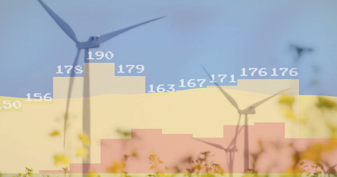 Wind Turbines and Digital Data Overlay with Ukraine Flag Background