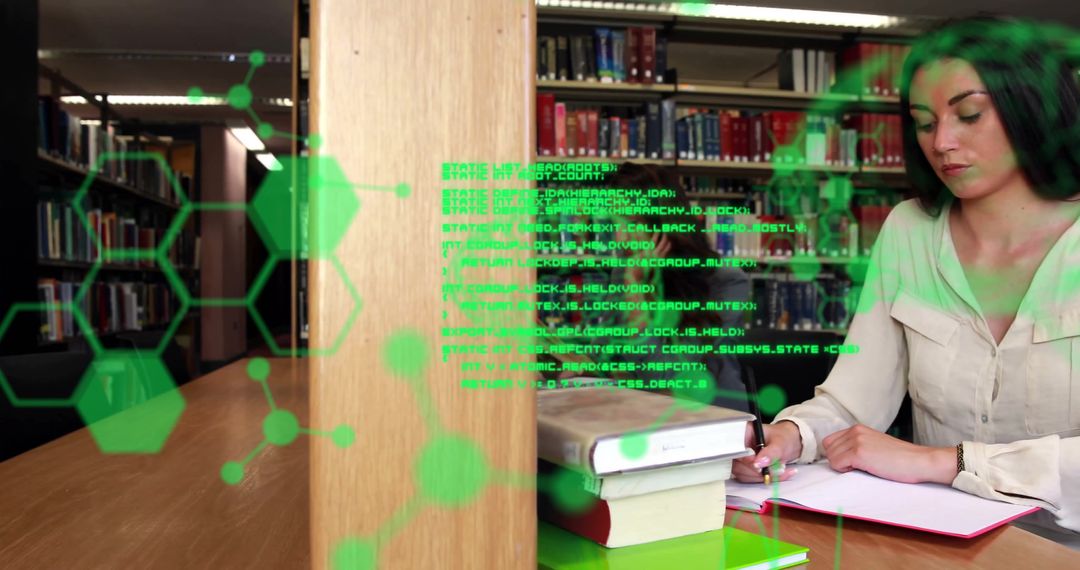 Student Reading Amidst Digital Data and Science Overlay in Library